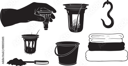Black and white illustration of cleaning tools and supplies