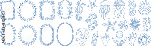 Hand drawn blue line floral frames and ocean creatures vector set with wreaths starfish jellyfish seahorse illustrations minimalist decorative collection