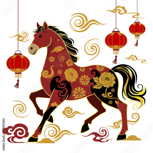 Illustration of a red horse and golden flower ornaments with lanterns for Chinese New Year celebrations.