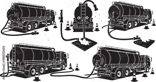 Oil Tanker Trucks Refueling with Cones and Hoses Illustration