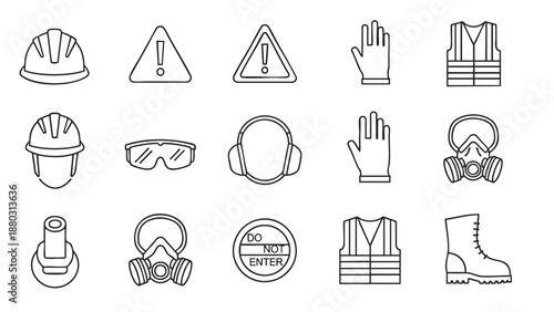 Comprehensive collection of personal protective equipment and hazard warning signs in modern line art style for industrial safety applications