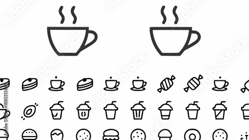 Black line icons of coffee cups and sweet treats