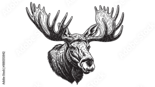 Majestic wild moose head portrait with impressive antlers in a vintage engraving style illustration