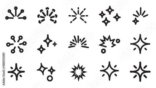 Minimalist black outline line art icon set depicting various sparkling effects bursts and fireworks for modern graphic design projects