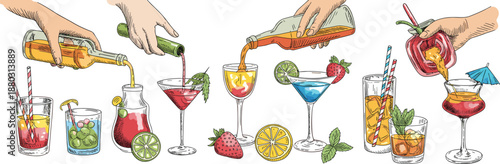 Hand drawn cocktail illustration set with colorful drinks fruits glasses pouring hands summer party bar lifestyle design