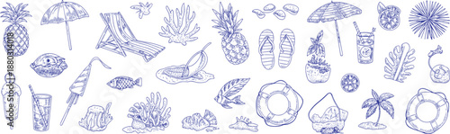Hand drawn summer beach doodle icons set featuring umbrella seashell cocktail ice cream chair tropical vacation elements illustration outline vector