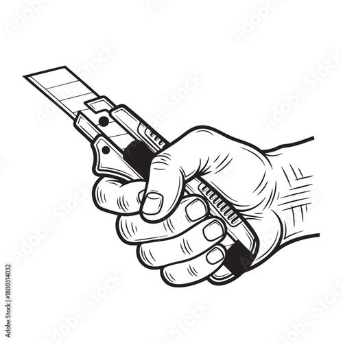 Strong hand firmly holds a sharp utility knife or box cutter tool for crafting and opening packages