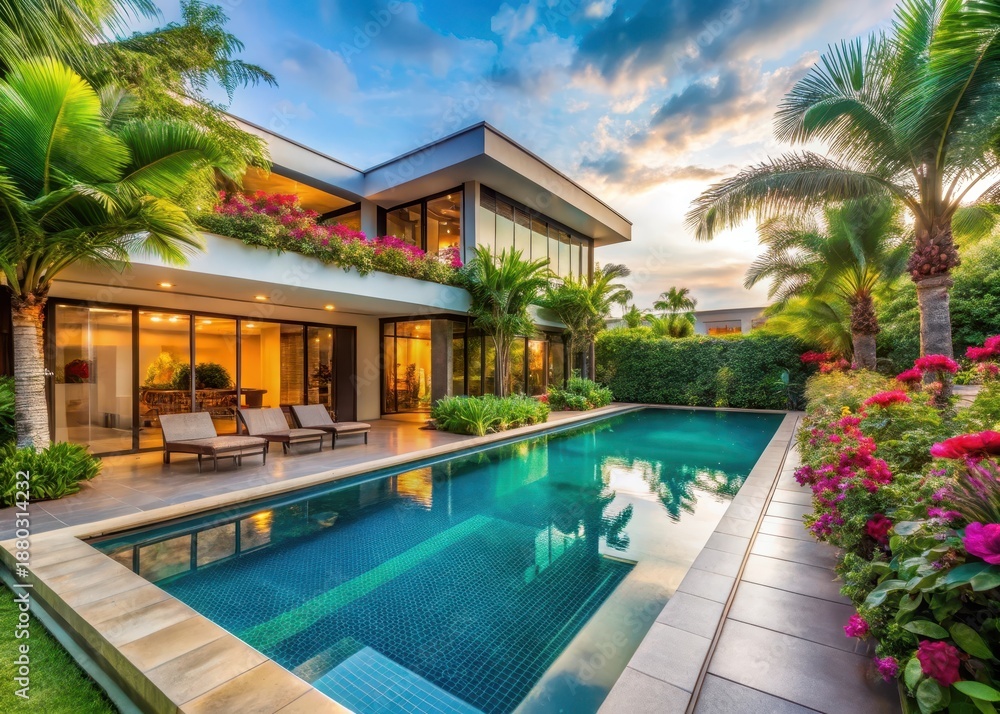 custom made wallpaper toronto digitalLuxurious modern villa with a large pool surrounded by lush greenery and tropical flowers
