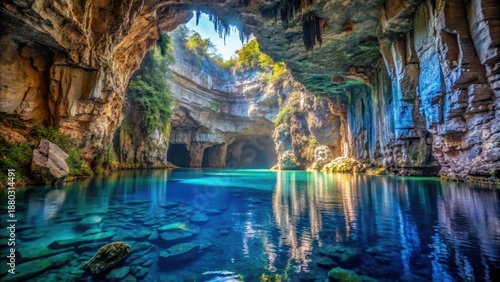 Dark waters and stalactites in Melissani lake cave