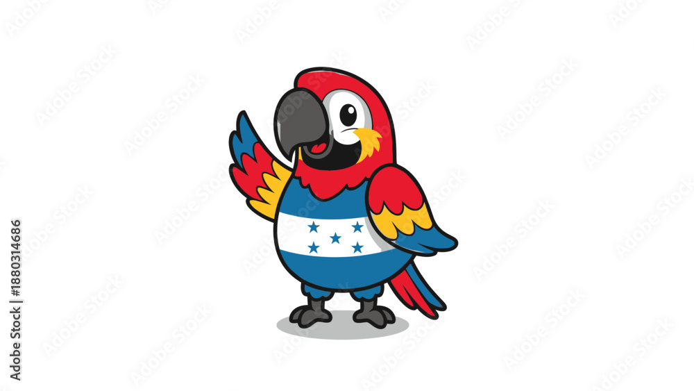 Fototapeta premium Vibrant cartoon parrot with Honduras flag design waving enthusiastically