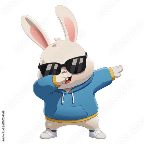 A cute cartoon rabbit dabbing confidently, wearing black sunglasses