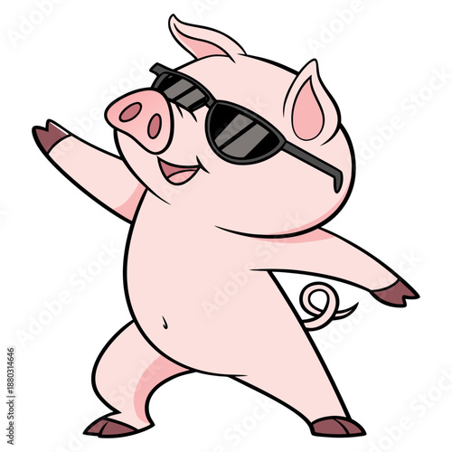 A cute cartoon pig  dabbing confidently, wearing black sunglasses