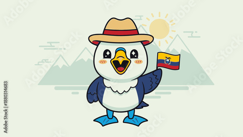 Ecuadorian condor wearing a hat and holding a flag with mountains