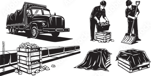 Workers loading and unloading gravel from a truck illustration