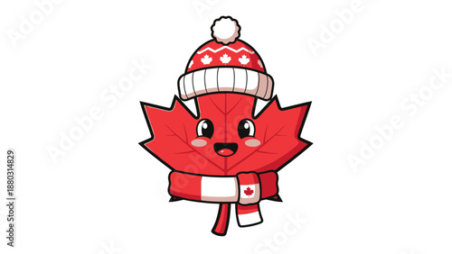 Adorable Canadian maple leaf character wearing winter hat and scarf