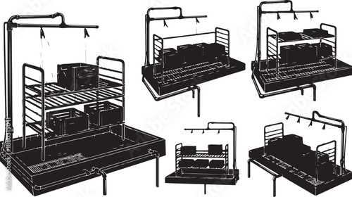 Detailed technical drawings of various industrial shelving units designs