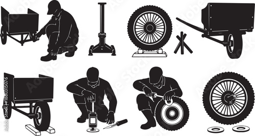 Mechanic repairing wheel with tools and cart silhouettes set