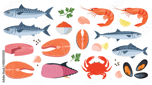 A large and detailed collection of fresh seafood, including various fish, salmon steaks, shrimp, crab, and mussels for culinary designs.