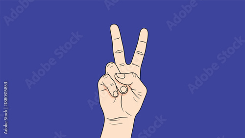 A clear illustration of a hand making the V-sign for victory or peace, set against a solid, vibrant blue background.