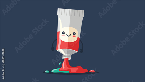 An adorable cartoon character of a smiling paint tube squeezing out red and green paint, representing creativity and artistic fun.