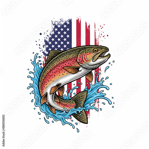 trout jumping with American flag background and water splash illustration for fishing design