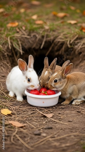 Wallpaper Mural Beautiful Bunnies Enjoying Strawberries in a Natural Background Torontodigital.ca