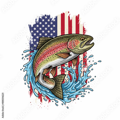 trout jumping with American flag background and water splash illustration for fishing design