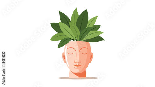 A creative and serene illustration of a planter shaped like a human head with a lush green plant growing from it, symbolizing growth.