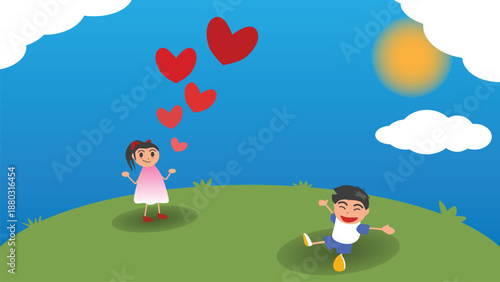 Cute vector illustration of a happy girl and boy on a green hill. Red hearts float between them under a blue sky with clouds and sun. For Valentine's Day love and friendship concepts for children.