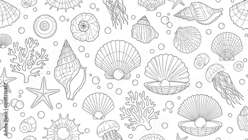 An intricate black and white seamless pattern featuring hand-drawn seashells, starfish, and coral for an underwater-themed design.