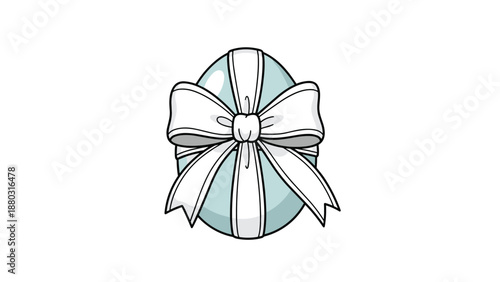 A charming illustration of a light blue Easter egg elegantly decorated with a large, beautifully tied white ribbon and bow.