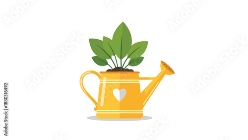 A charming illustration of a small green plant growing inside a yellow watering can with a heart, symbolizing love for gardening.