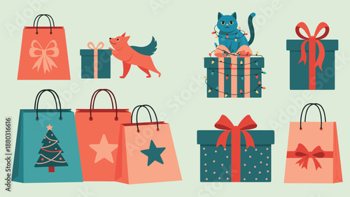 A festive collection of Christmas presents, shopping bags, and cute pets, including a cat tangled in lights and a happy dog.