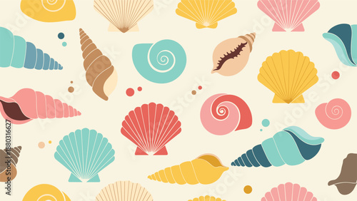 A beautiful and calming seamless pattern of colorful seashells in soft pastel tones, perfect for a coastal or beach-themed design.