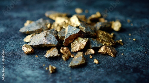 Gold ore pieces arranged on a dark surface for mineral display and study