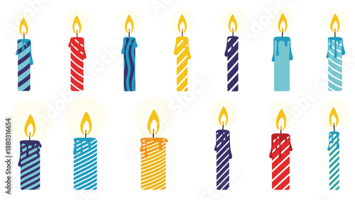 A festive and colorful collection of fourteen birthday candles in various patterns and colors, perfect for cake and party decorations.