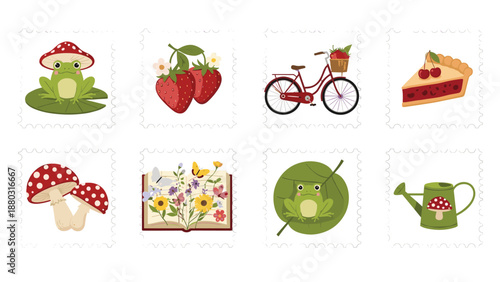 A lovely set of eight postage stamps with a charming cottagecore theme, featuring frogs, strawberries, a bicycle, and other whimsical items.