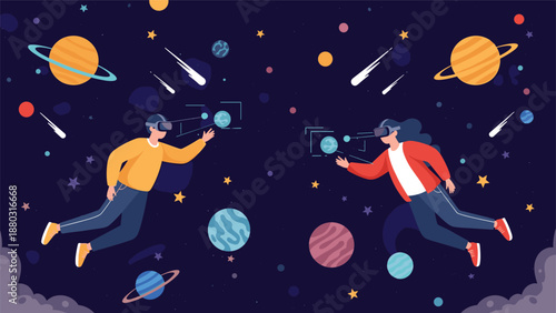 A man and woman wearing VR headsets explore a vibrant galaxy together, interacting with planets in an immersive metaverse experience.