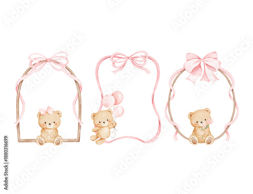 Watercolor Illustration Set of Pink-Ribbon Frame with Baby Bears