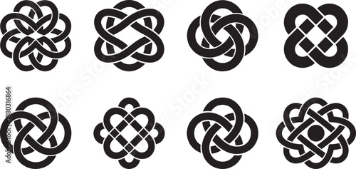 Collection of various symmetrical tribal knot icon with filled interlocking loops around the edges vector illustration for logo. 