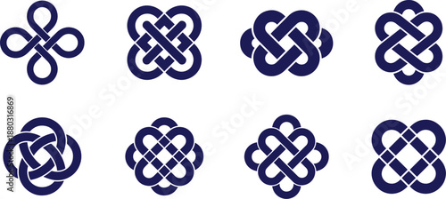 Collection of various symmetrical tribal knot blue color icon with filled interlocking loops around the edges vector illustration for logo.