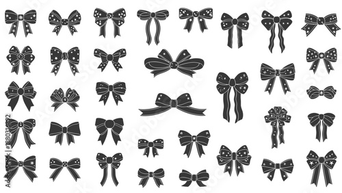 A comprehensive set of various black silhouette gift bows with star patterns, perfect for decorating presents and festive designs.