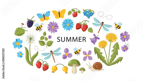 A bright and cheerful collection of summer-themed elements arranged around the word 'SUMMER', including flowers, berries, and insects.