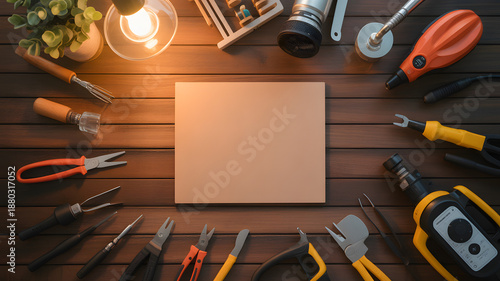 Crafting Tools Arranged Around a Blank Card on a Wooden Surface, Overhead View for Mockup, Workshop Setting with Pliers, Cutters, and Lighting