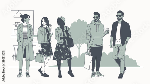 Fashionable young adults socializing and walking outdoors