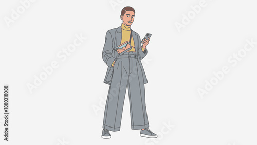 Young professional woman in stylish outfit using smartphone and holding notebook