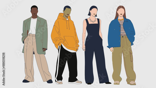 Diverse group of young adults in casual stylish outfits standing together