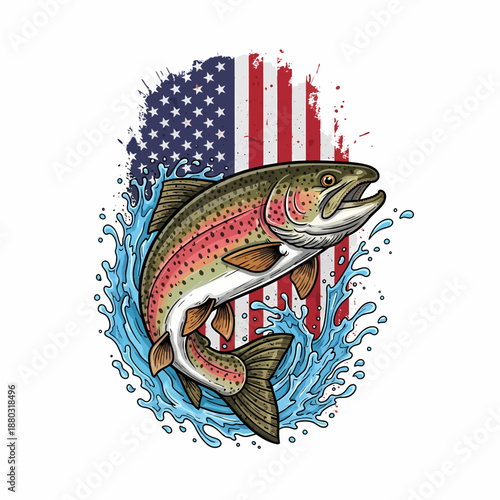 trout jumping with American flag background and water splash illustration for fishing design