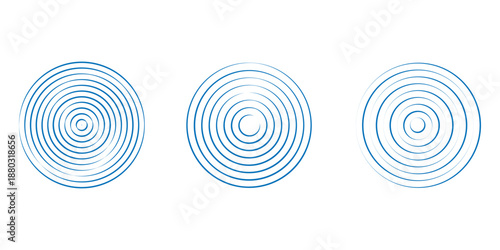 blue concentric ripple circles set. Sonar or sound wave rings collection. Epicentre, target, radar icon concept. Concentric circles set.