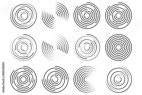 concentric circle patterns with varying degrees of completeness and thickness lines.  sound wave ring collection. sound wave rings collections.